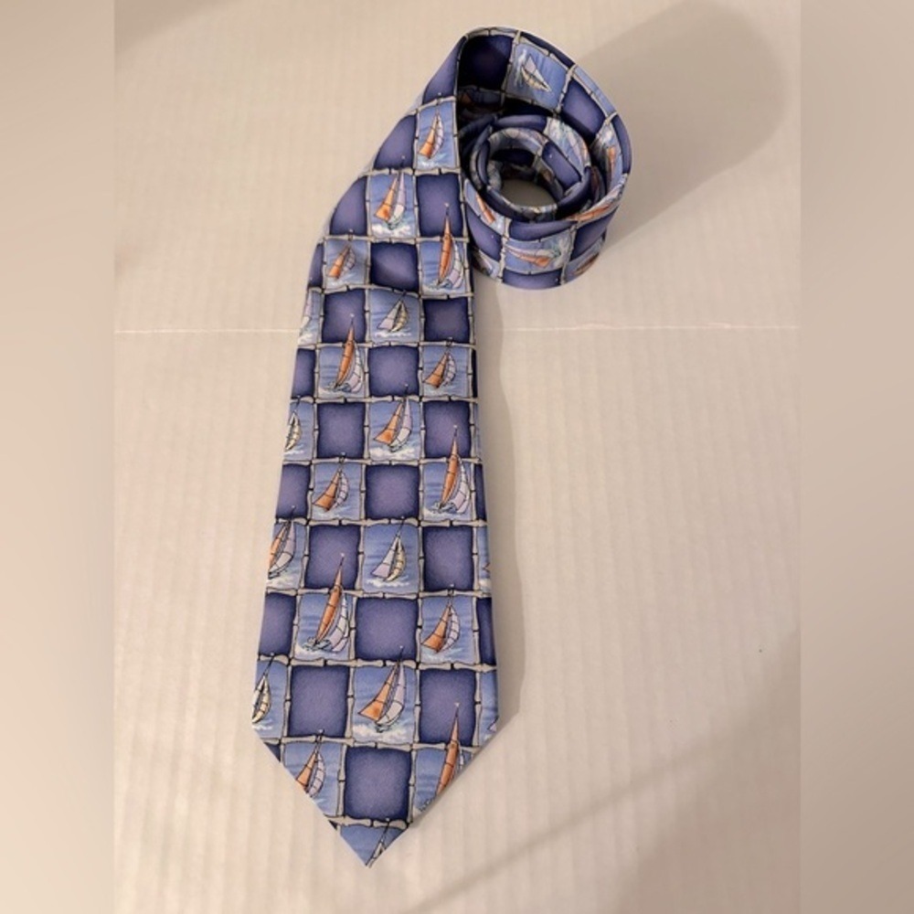 Cocktail Colors‎ Necktie 100% Silk Sailboat Print Blue Orange Hand Made Tie